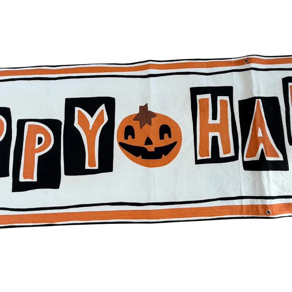 POTTERY BARN Banner White Orange Happy Halloween Jack-O-Lantern Long Spooky